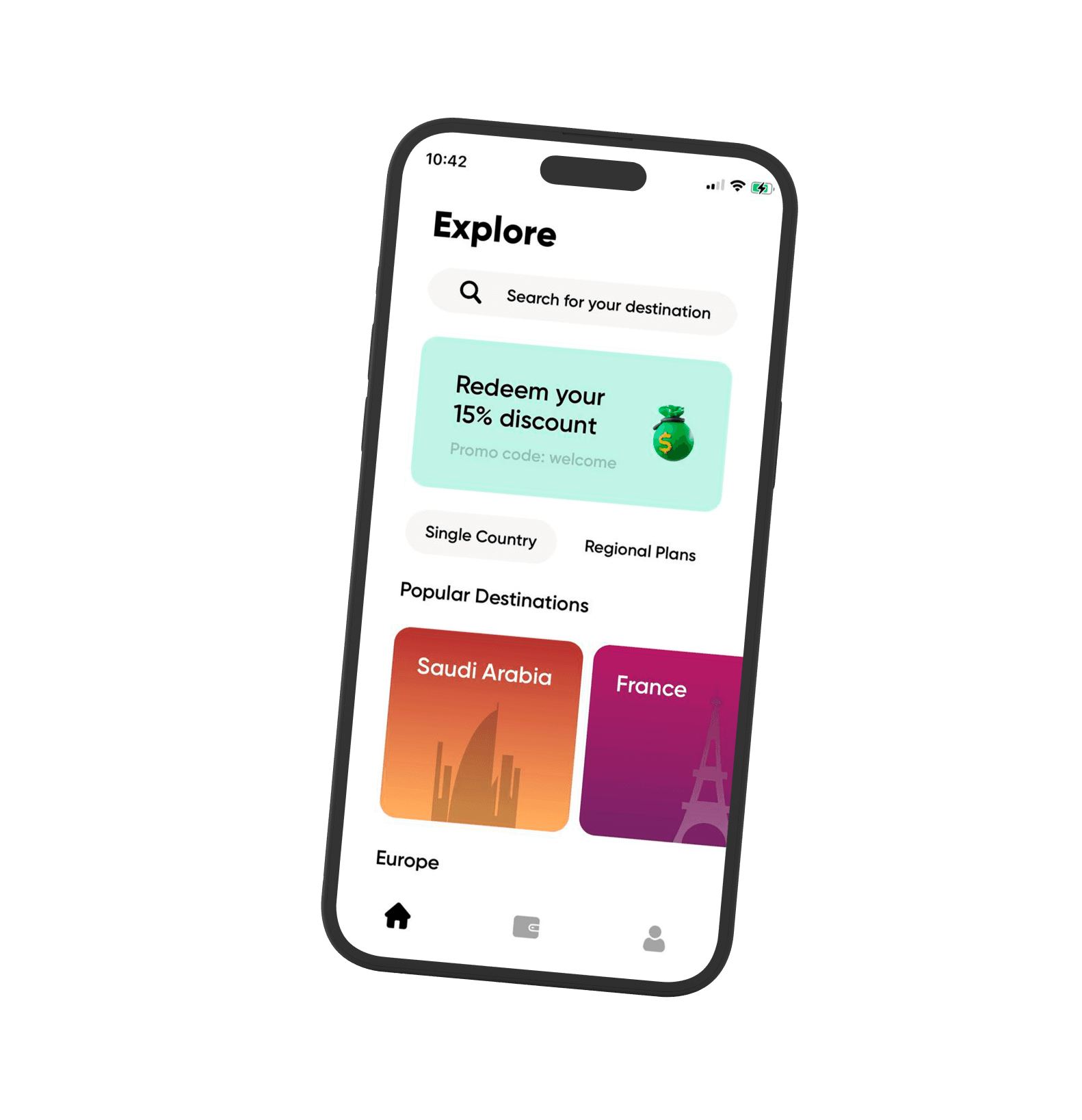 Simly app on a phone showing eSIM data plans for top destinations
